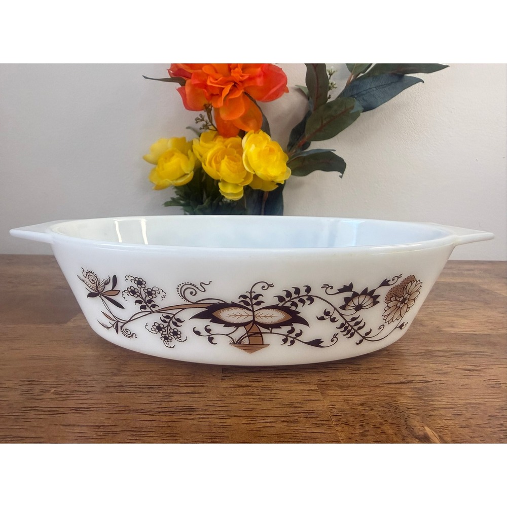 Vintage JAJ Pyrex England Brown Floral Chelsea Pattern Milk Glass Oval Casserole